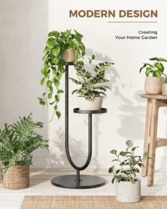 Tall Indoor Plant Stand – Modern Corner Plant Shelf, 2-Tier Black Metal Planter Holder for Living Room, Bedroom & Home Decor