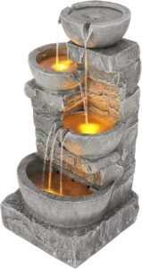 Teamson Home 33.25" Cascading Bowls & Stacked Stones LED Outdoor Water Fountain | Garden, Patio, Balcony & Lawn Decorative Water Feature | Stone Gray