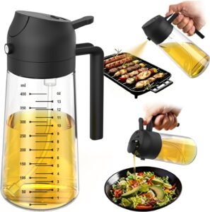 TrendPlain 16oz Glass Olive Oil Sprayer | 2-in-1 Oil Dispenser Bottle (Spray & Pour) | Cooking, Air Fryer, BBQ & Salad Kitchen Accessory (470ml, Black)
