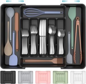Ukeetap Extra Large Expandable Silverware Organizer | Adjustable BPA-Free Kitchen Drawer Utensil Tray | 7–9 Compartments Cutlery Storage for Spoons, Forks & Knives (Black)