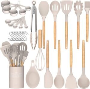 Umite Chef 33-Piece Silicone Kitchen Utensils Set with Wooden Handles & Holder | Non-Stick Heat Resistant Cooking Spatula Set (Khaki)