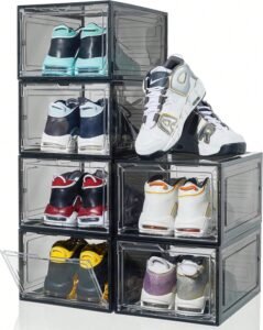 Vexelfox 6/12 Pack Stackable Clear Shoe Storage Boxes | Heavy Duty Plastic Shoe Organizer for Closet | Fits US Size 12+ Sneakers & Boots with Lid (White/Clear)