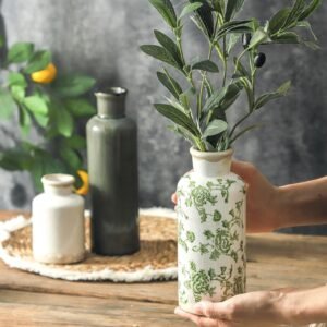Vintage Ceramic Vase Set – Trio of Rustic Green & Beige Stoneware