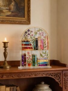 Vintage Printed Bookshelf Decor – Floral Book-Themed Desktop Ornament for Home, Office & Reading Corner