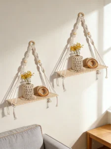 Wooden Bead Woven Hanging Shelf Set – Boho Wall Mounted Planter Rack, Light Wood Rope Storage Shelf for Living Room, Bedroom & Home Decor (1/2pcs)