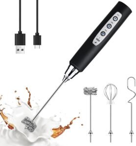 YUSWKO Rechargeable Milk Frother Wand | 3-Speed Electric Handheld Coffee Frother with 3 Whisk Heads | Stainless Steel Drink Mixer for Latte, Cappuccino & Hot Chocolate (Black)