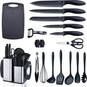 18-Piece Kitchen Utensils & Knife Set | Silicone Cooking Tools with Knives, Cutting Board & Holder