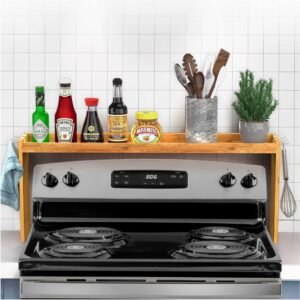 31.5-Inch Bamboo Over-the-Stove Spice Shelf | Kitchen Organizer with 6 Hooks