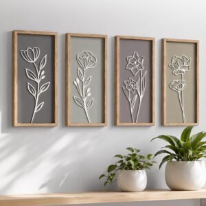 3D Wooden Floral Bathroom Wall Décor Set of 4 | Boho Botanical Framed Wall Art | Ready to Hang
