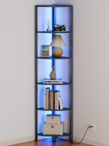 6-Tier Corner Shelf with LED Light | 67.5-Inch Tall Bookshelf & Storage Organizer | Black