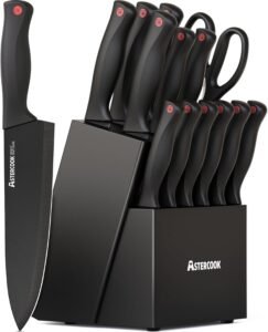 Astercook 15-Piece Kitchen Knife Set with Block | German Stainless Steel Knives & Built-In Sharpener