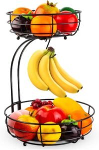 Auledio 2-Tier Fruit Basket with Banana Hanger | Iron Countertop Fruit & Vegetable Organizer