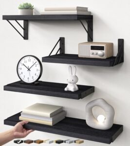 BAYKA Wall Mounted Floating Shelves Set of 4 | Black Wooden Bathroom Storage & Display Shelves