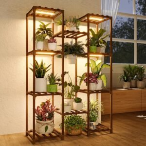 Bamworld Plant Stand with Grow Light | Multi-Tier Plant Shelf for Multiple Pots | Boho Indoor Plant Holder