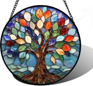 DASTOLL Stained Glass Tree of Life Window Hanging | Blue Sun Catcher Glass Panel | Home Decor Gift