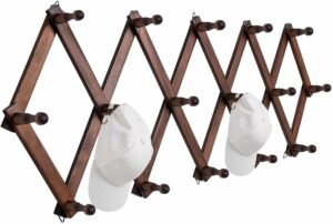 Expandable Wall Hat Rack with 16 Hooks | Wooden Hat & Coat Organizer for Caps, Bags & Hoodies | Brown