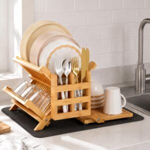 Greenual 3-Tier Bamboo Dish Drying Rack | Collapsible Wooden Dish Rack with Utensil Holder & Drying Mat