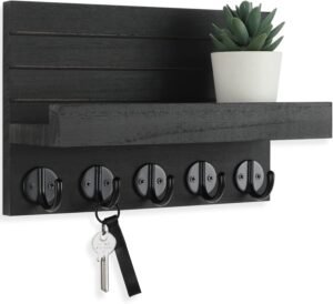 Lwenki Wall Key Holder with Shelf | Wooden Key & Mail Organizer with 5 Hooks | Entryway Storage Rack