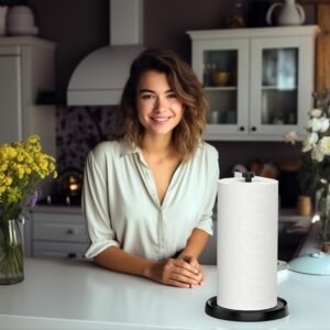 Stainless Steel Paper Towel Holder Stand | One-Handed Tear Countertop Holder with Weighted Base