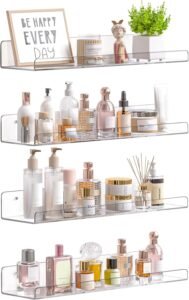 Upsimples Acrylic Floating Shelves Set of 4 | 15-Inch Clear Wall Storage Shelves for Bathroom & Bedroom
