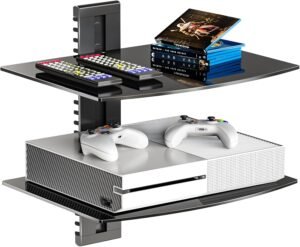 WALI 2-Tier Floating TV Shelf | Wall Mounted Glass Media Shelf for DVD Players, Routers & Game Consoles | Black